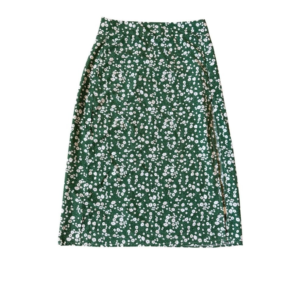 Shein Women's Size XS Slit Midi Skirt Green Flowers Nature Spring
